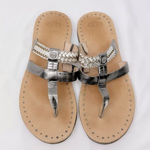 UGG Audra Metallic Silver Braid Leather Double Strap Thong Slide Boho Sandals - Picture 9 of 16